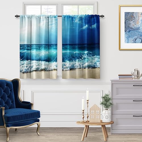 Miniatura 2 de Jekeno - Cortinas de cocina de playa azul con diseño de océano, tema tropical hawaiano, olas del mar de verano, cortinas con bolsillo para varilla,