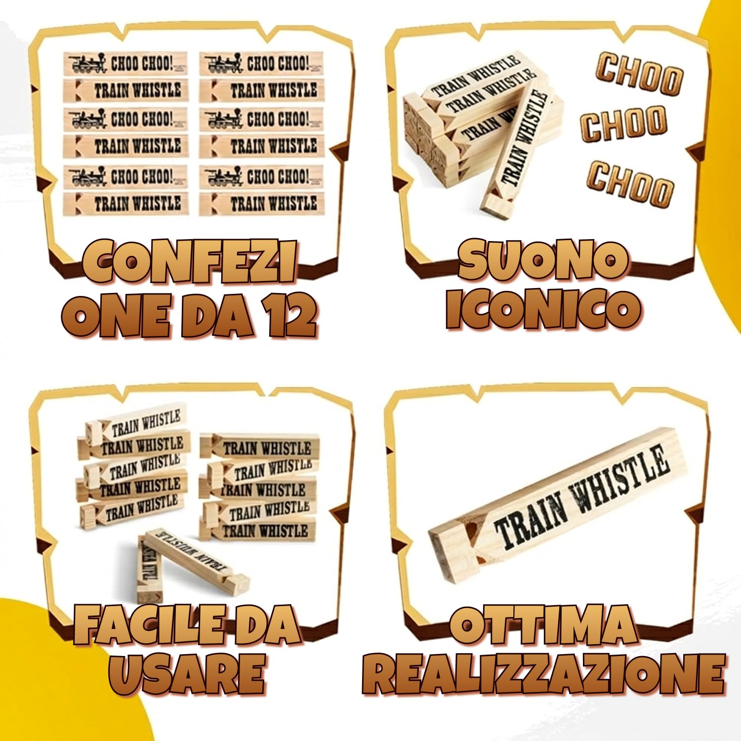 Fischietti in legno per treni Bedwina (12 pezzi) - Fischietti bambini, bomboniere feste tema treni, decorazioni compleanni, riempitivi sacchetti regalo, premi giochi, calze natalizie