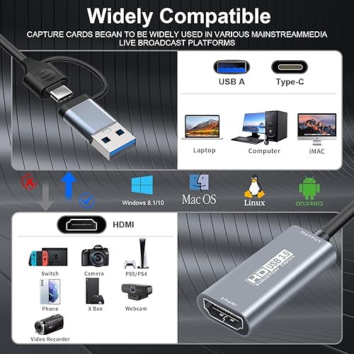 Miniatura 2 de Tarjeta de captura de video, tarjeta de captura 4K HDMI a USB 3.0, grabación de video de audio HDMI a USBUSB C en 1080P60Hz, 2K 50Hz para enseñanza,