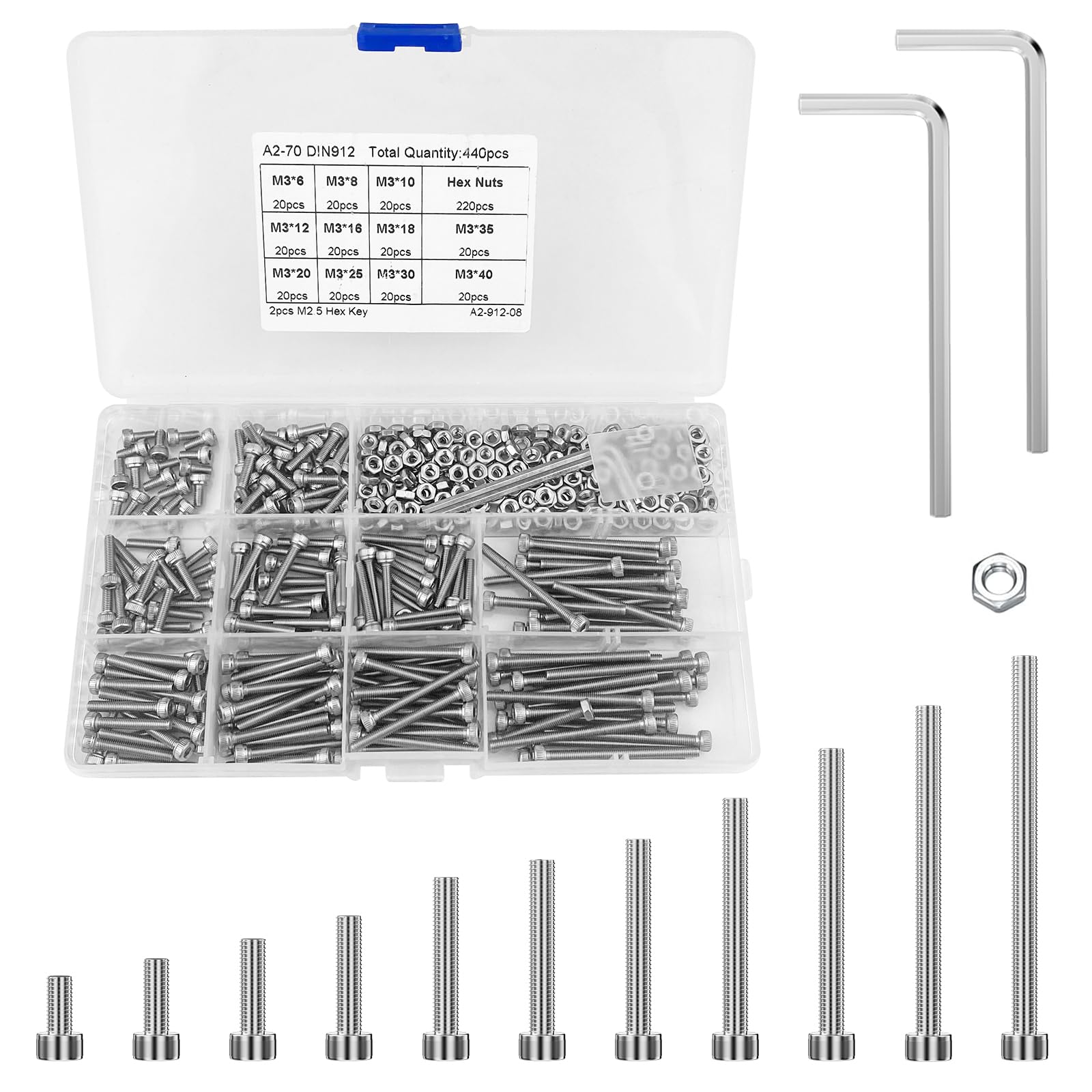 Traxenta Viti Acciaio Inossidabile(440Pcs), Bulloni e Dadi Inox Kit, M3 Senza Testa Filettate Esagonali, Set in Acciaio Miste, Bulloni per Mobili Garage Casa, Assortimenti per Riparare Il Fissaggio