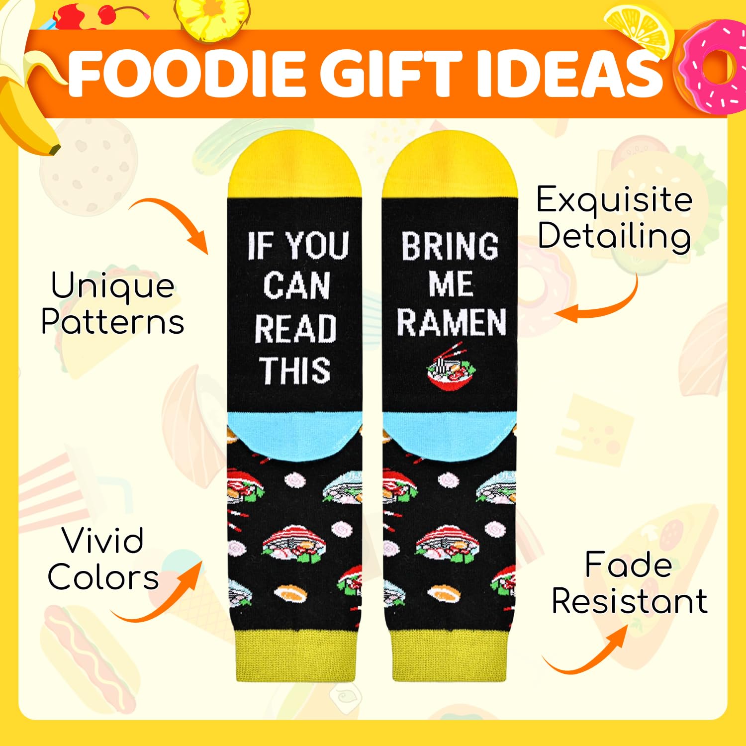 HAPPYPOP Food Gifts for Men Women - Funny Unisex Pickle Ramen Noodle Socks 2 Pack