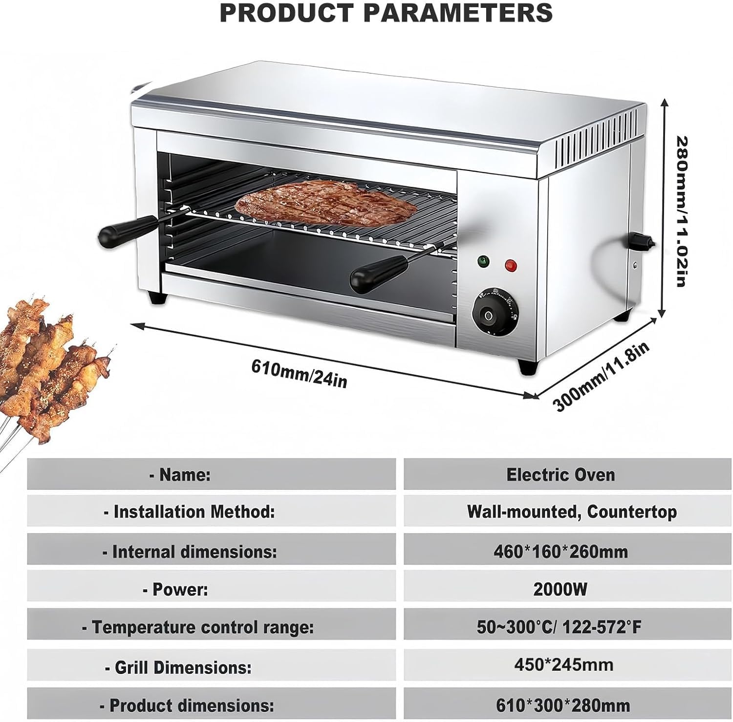 Parrilla eléctrica Comercial Tipo salamandra, asador de Barbacoa y fundidor de Queso, 2 Parrillas Desmontables, Acero Inoxidable, Montaje sobre encimera o Pared, Ideal para