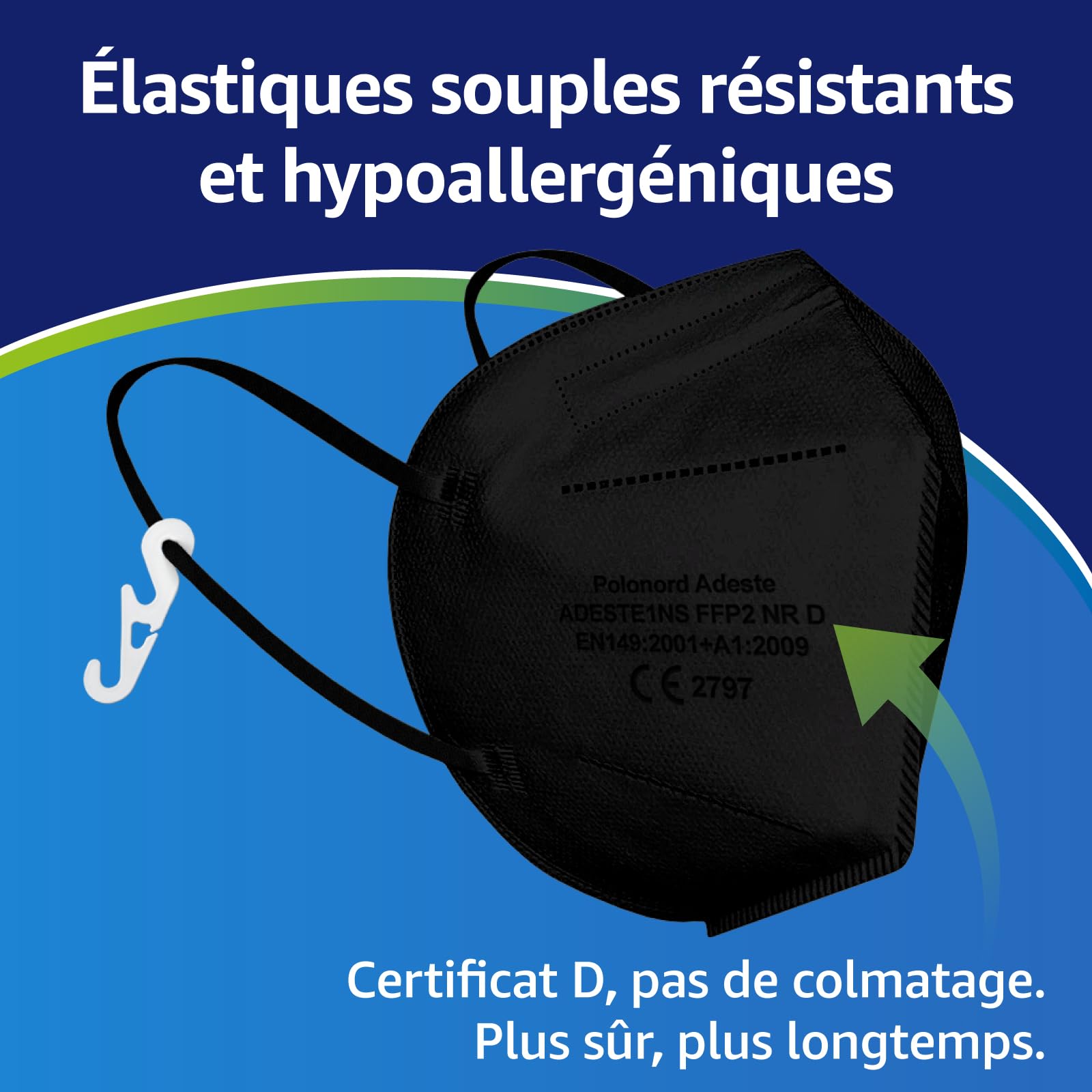 50 Masques FFP2 Noirs Certifiés CE – Filtration 99,5%, Élastiques Confort, Mousse Nasale, Emballage Individuel – Protection Haut De Gamme