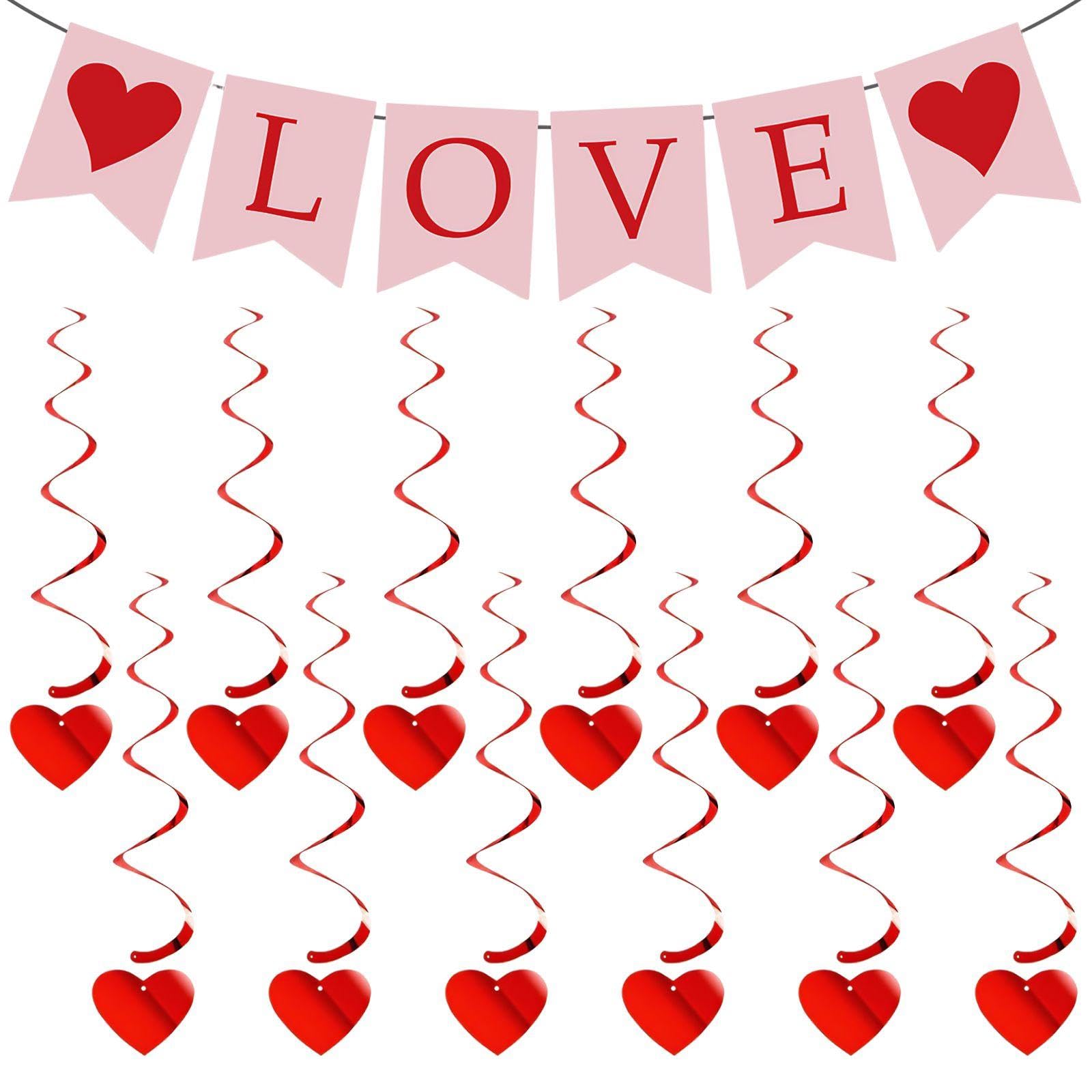 Memofynd Red 12 Pieces Of Love Spiral Ornaments And 1 Piece Of Banner, Romantic Ornaments, Party Scene Arrangement, Party Decoration