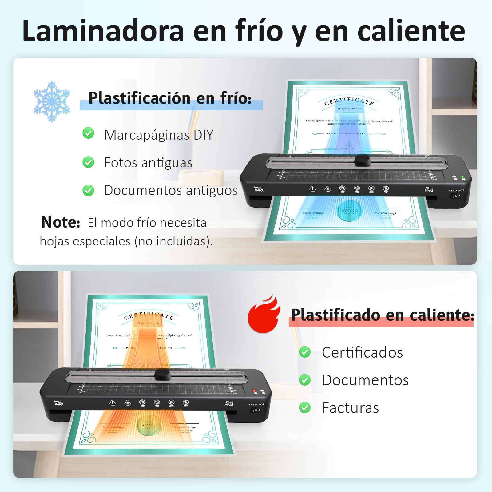 Plastificadora A3, 5 en 1 para A3 A4 A5 A6 Máquina laminadora en modo frío y caliente con cortador de papel, relleno de esquinas y 20 hojas de laminada para la escuela, la oficina y el hogar