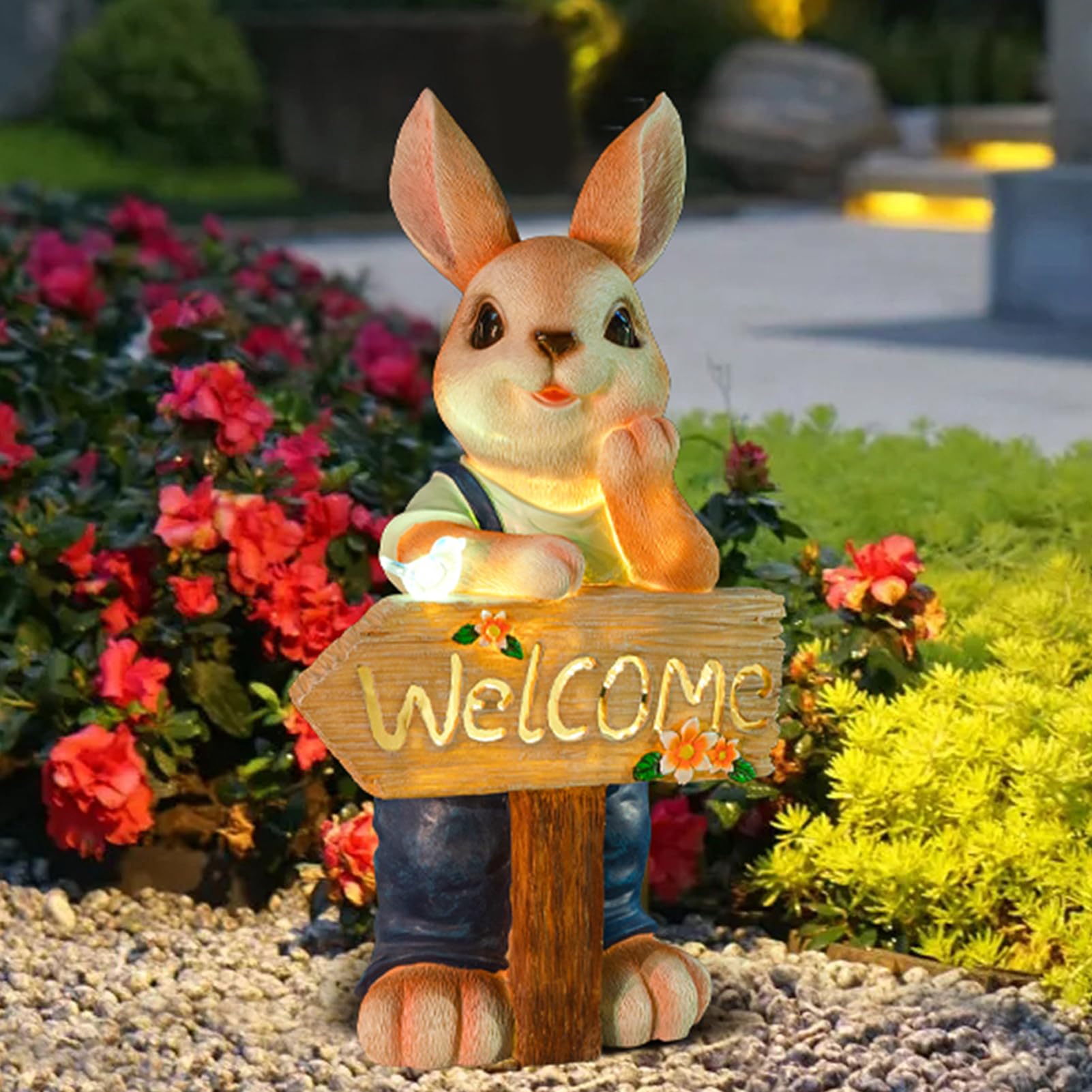 Statue de lapin en résine avec panneau de bienvenue, cadeau idéal pour pendaison de crémaillère