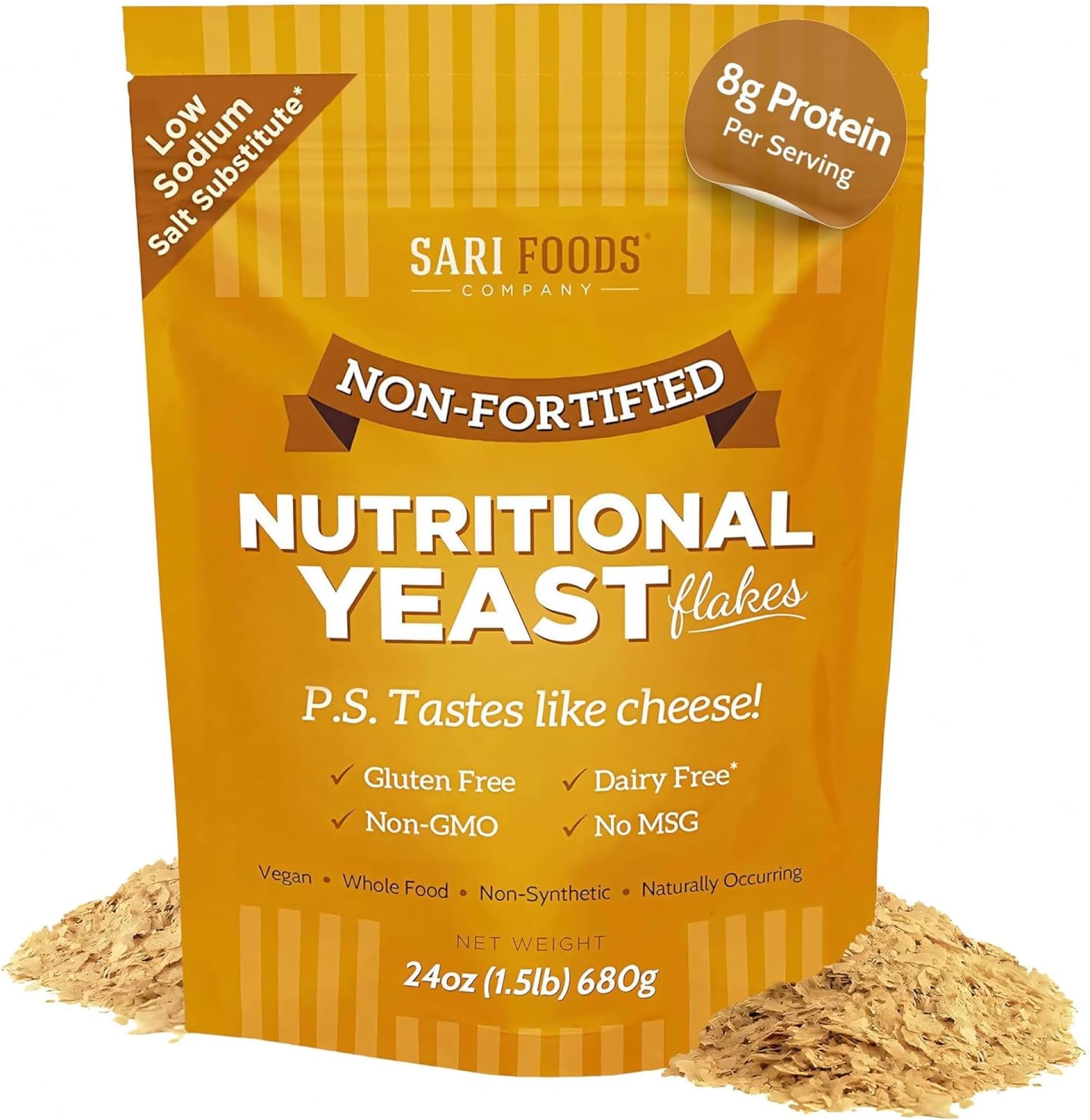 Sari Foods- Non-Fortified Nutritional Yeast Flakes, 24oz or 8oz, Superfood, Rich in Vegan Protein. Gluten Free & Dairy Free Cheese Substitute, Vitamins B, Beta-glucans, and All 18 Amino Acids, Non GMO