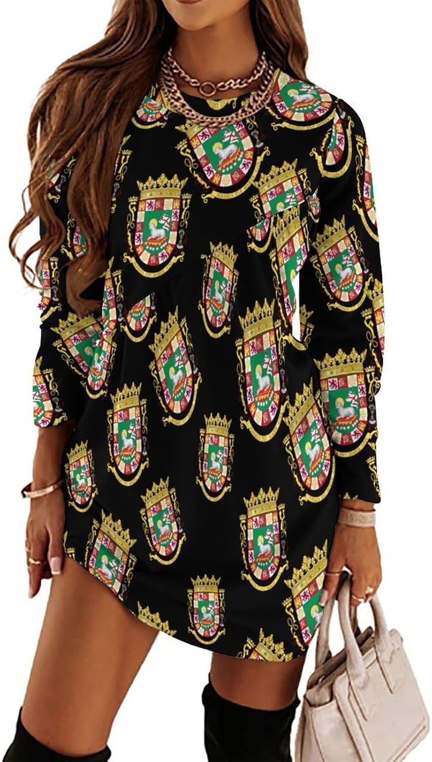 Coat of Arms of Puerto-Rico-State Women's Fleece Sleeve Sweatshirt Dress Long Pullover Casual Dresses