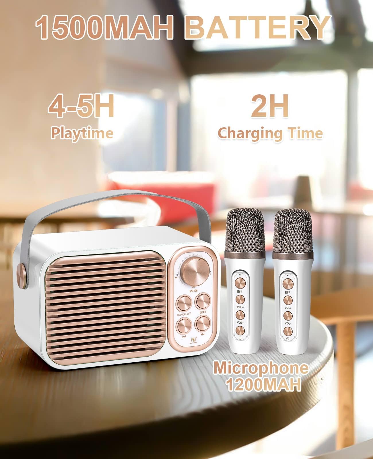 Macchina per karaoke Bluetooth con 2 microfoni wireless, sistema di altoparlanti PA portatile, TF e AUX-In, bianco