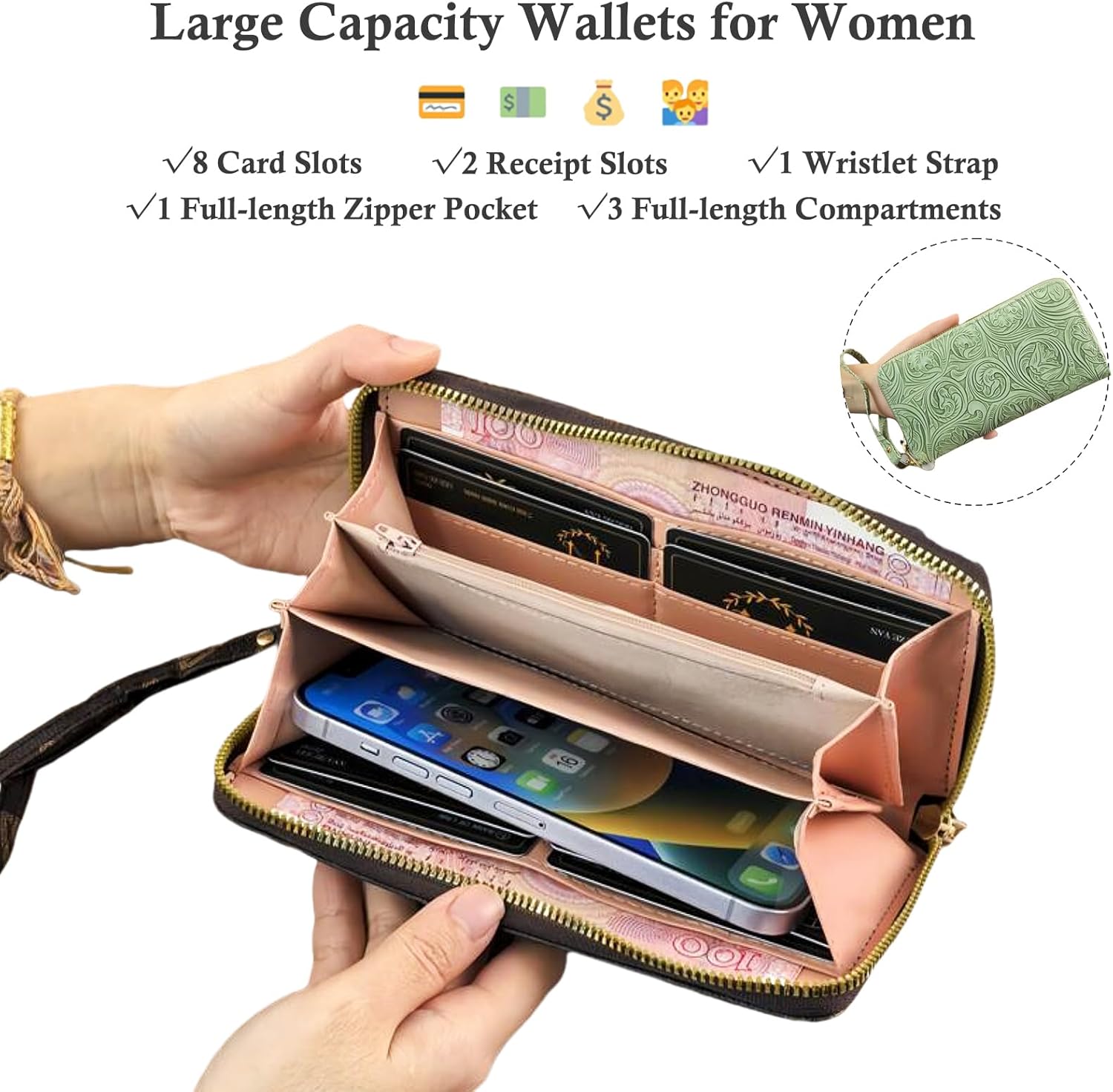 Womens Wallet Wristlet RFID Blocking Floral Vegan Leather Purse Long Zip Around Clutch Large Capacity Card Holder - Image 2