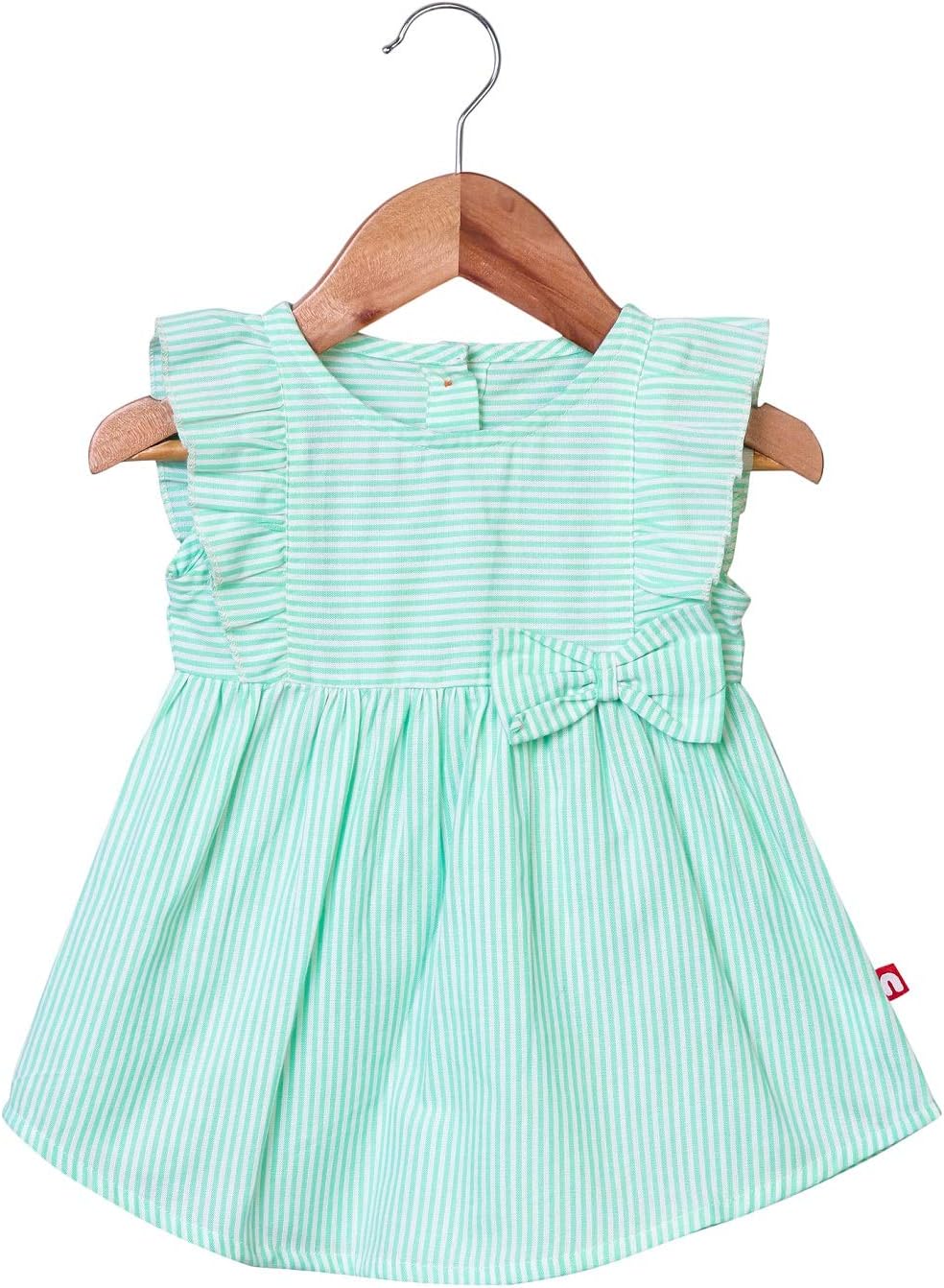 Nino Bambino 100% Organic Cotton Green Colour Ruffle and Bow Style Cap Sleeves Round Neck Button Closure Mini Dress/Frock/OnePice/Party Dress for Baby Girls (3-4 Years)