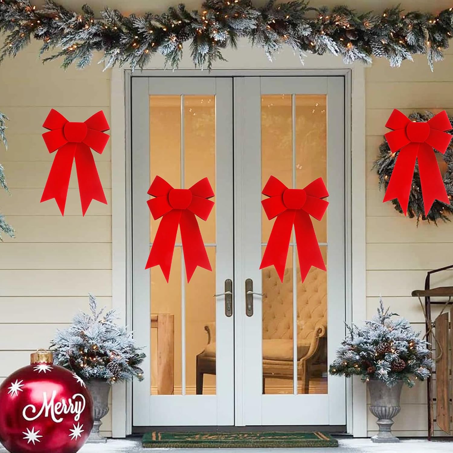 24 PCS 5x8 Inches Christmas red Velvet Bow - Red Velvet & PVC Hanging Decorations for Xmas Tree, Wreath, Railing, Fences,Indoor Outdoor Holiday Party Supplies (Red 1, 24 PCS)