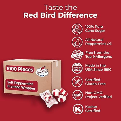 Miniatura 3 de Mentas suaves de caramelo de menta a granel, envueltas individualmente con logotipo de pájaro rojo, hechas con 100% azúcar de caña y aceite de menta