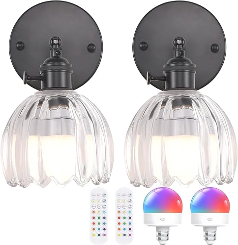 Miniatura 32 de Candelabro de Pared Vintage Operado por Batería con Linda Lámpara de Vidrio Transparente de Tulipán, Luz de Pared Recargable Inalámbrica Alimentada