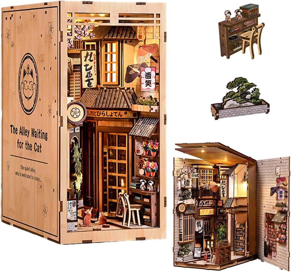 Japanese Book Nook Kits, DIY Miniature House Kit for Adults 3D Wooden Puzzle, Bookends Bookshelf Diorama Creative Decorative Crafts Kits Unique Gifts for Teens & Beginners (Sakura Wine Alley)