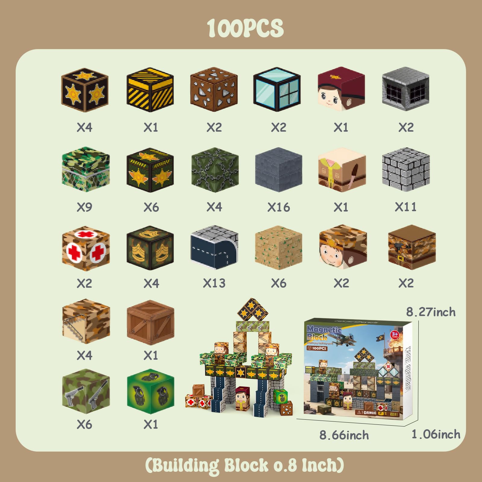 Magnetic Blocks 100PCS Magnetic Tiles Military Building,Kids Classroom Sensory Toy for Toddlers STEM Learning, Construction Stacking Toy for Kids 3+ Boys and Girls Christmas Birthday Gifts Toys