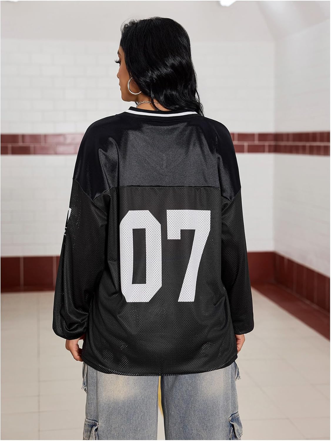 Milumia Women's Mesh Oversized Long Sleeve Jersey Shirt Y2k Number Graphic Tees Blokette T Shirt Top Streetwear - Image 2