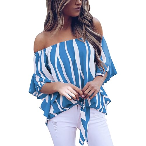 Asvivid Womens Summer Floral Printed Off The Shoulder Tops 3 4 Flare Sleeve Tie Knot T-Shirt Blouses
