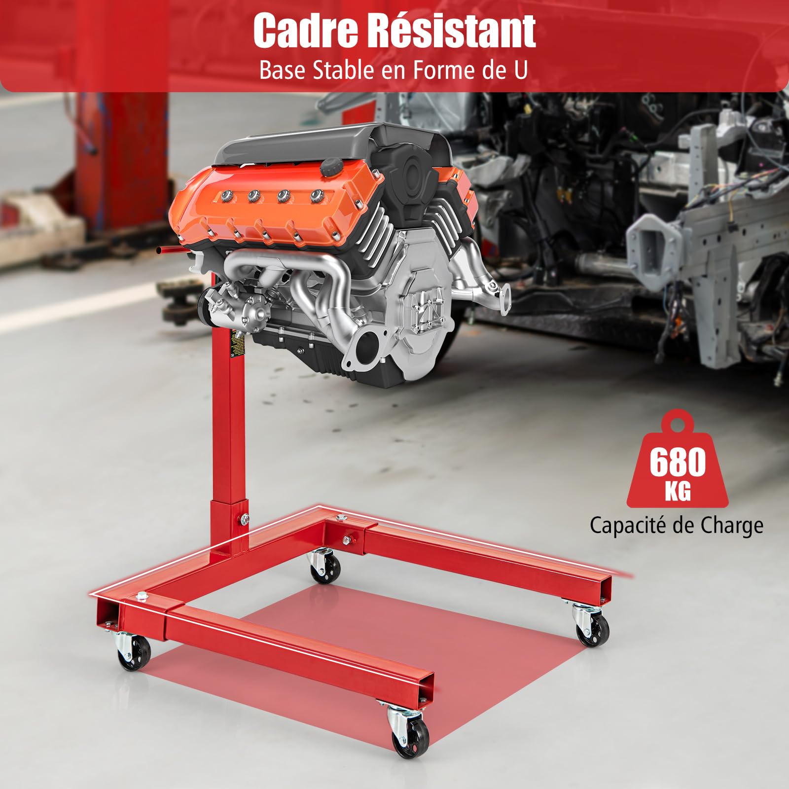 GYMAX Support de Moteur, Capacité 680 Kg, Support Moteur avec Tête Rotative à 360°, 4 Bras Réglables, 4 Roues Universelles, Support Moteur Robuste pour Atelier de Réparation Automobile, Garage