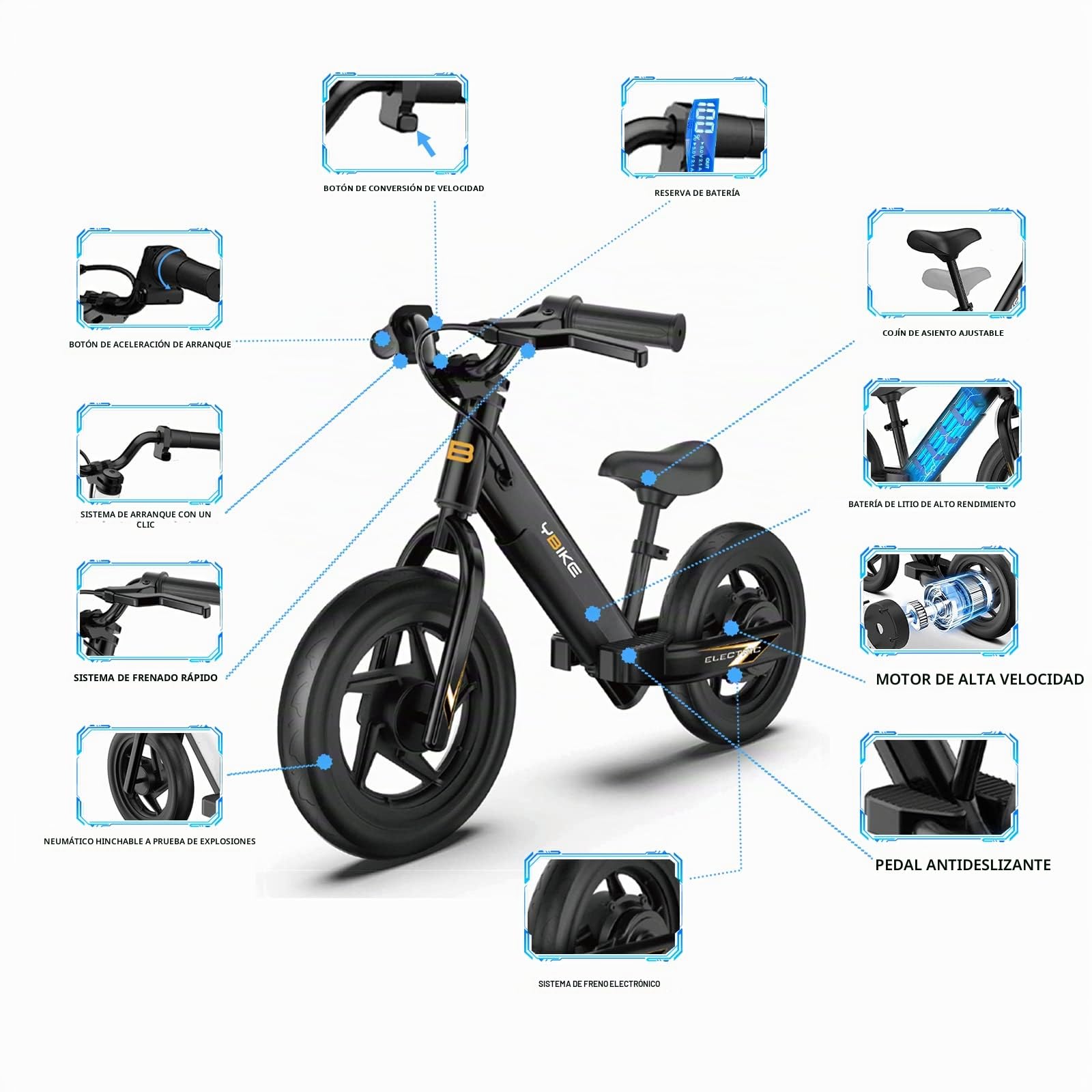 YBIKE Bicicleta Eléctrica De Equilibrio Adecuado De 3 a 5 Años，Bicicleta Eléctrica con Asiento Ajustable, Bici Sin Pedales Niño Eléctrica De 12 Pulgadas para Niños y Niñas