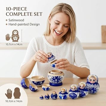 10-Layer Russian Nesting Dolls, Handcrafted Satin Wood Matryoshka Dolls for Kids & Adults, Holds Items, Christmas Decoration (1 Set)