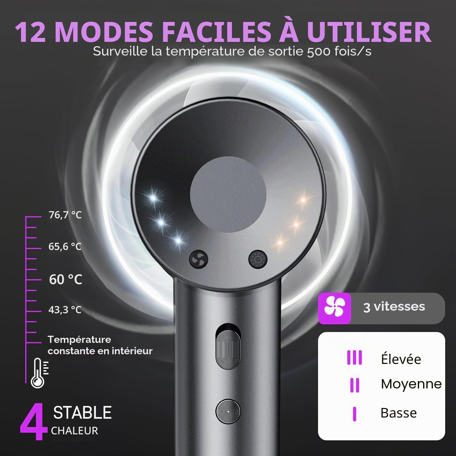 Sèche Cheveux Professionnel Portable 160 000 tr/min Seche Cheveux Ionique avec 5 Milliards d'Ions Négatifs 4 Températures & 3 Vitesses, Faible Bruit Diffuseur Magnétique et Buse Inclus