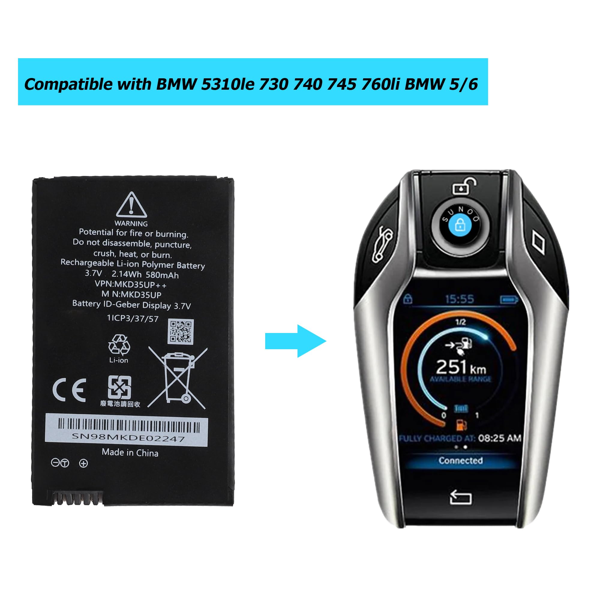 MKD35UP Batteria di ricambio compatibile per BMW 5310le 730 740 745 760li BMW 5/6 Series X3 X5 X6 BMW i8 LCD Remote Key 9442976-01 con kit di strumenti