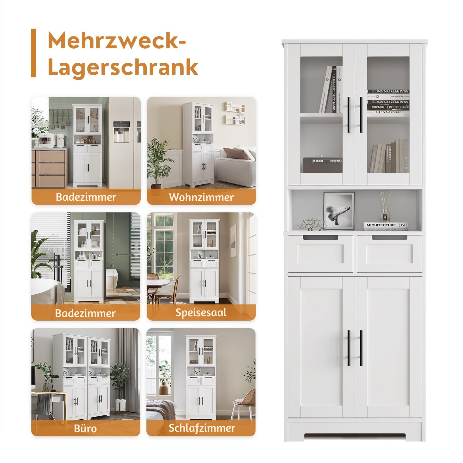 LEADZM Küchenschrank Hochschrank, Vitrinenschrank mit 4 Türen Buffetschrank für Küche, Wohnzimmer, Esszimmer (4 Türen)