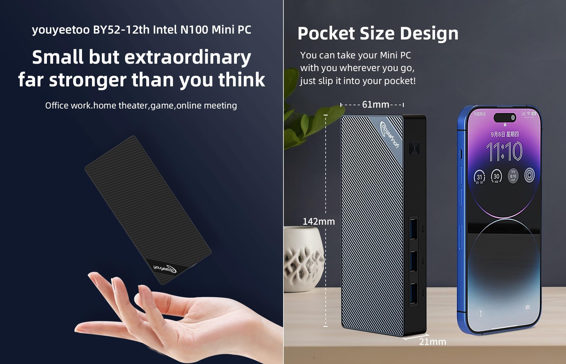 youyeetoo BY52 Mini Pc, In-tel N100 CPU -12th Gen Alder Lake - fino a 3,4 GHz, 12/16 GB LPDDR5 RAM, 256 GB - 1 GB NVMe, Mini PC da gioco, con doppio HDMI 2.0 4K, Office/HTPC (16 GB + 512 GB SSD)