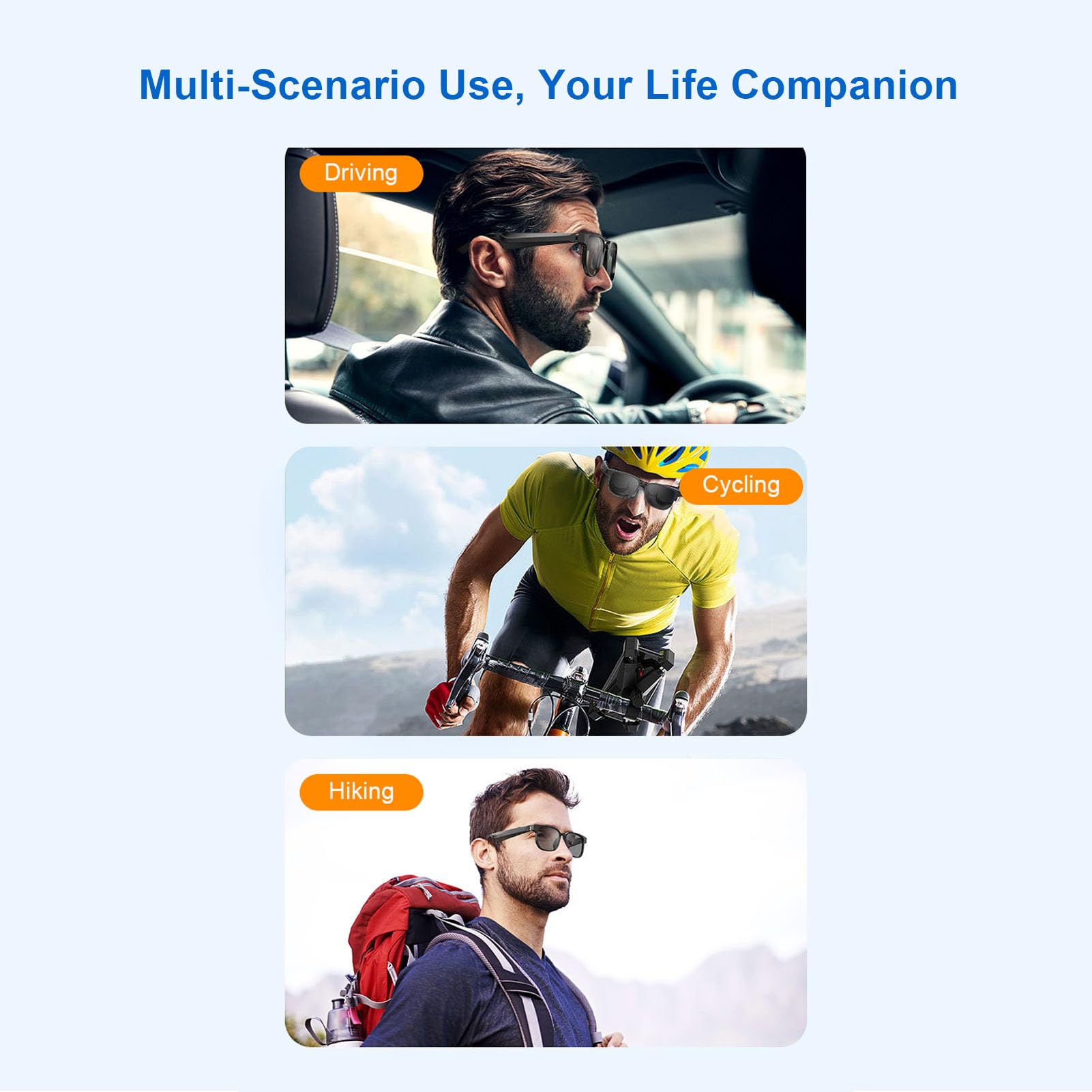 Luocute Occhiali BT Intelligenti, Occhiali da Sole per Cuffie Wireless con Chiamate Musicali a Doppio Altoparlante, Tecnologici Indossabili per Uomo Escursionismo in