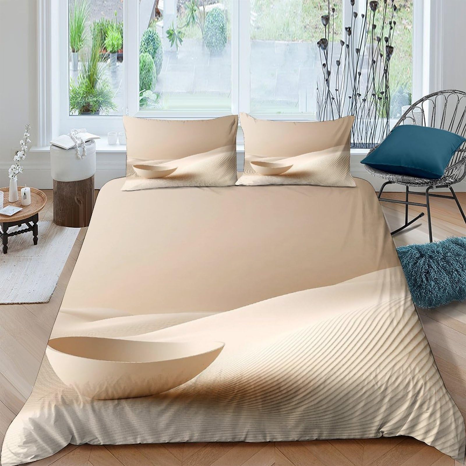 GPLZQXKJNH 3D Printed Sand Dune Duvet Cover Microfiber Soft Breathable Desert Bedding Set with 2 Pillowcases for Bedroom Decor Single（135x200cm）