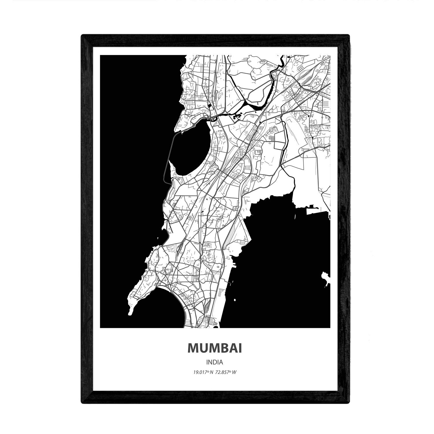 Nacnic Poster with map of Mumbai - India. Asian cities sheets with seas and rivers in black color. A4 size