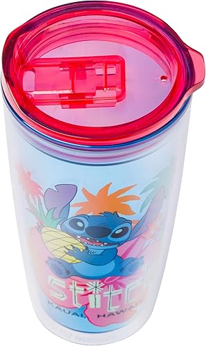 Miniatura 4 de Silver Buffalo Disney Lilo and Stitch Holding Pineapple Tropical Kauai Hawaii - Vaso de viaje de doble pared con tapa de cierre deslizante, 20 onzas