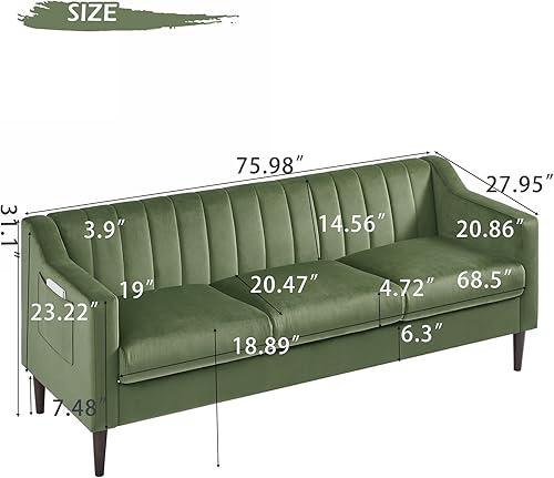 Miniatura 2 de Sofá Chesterfield de terciopelo moderno, sofá grande de 3 asientos, muebles de sofá tapizados cómodos de 76 pulgadas con marco de madera y patas de