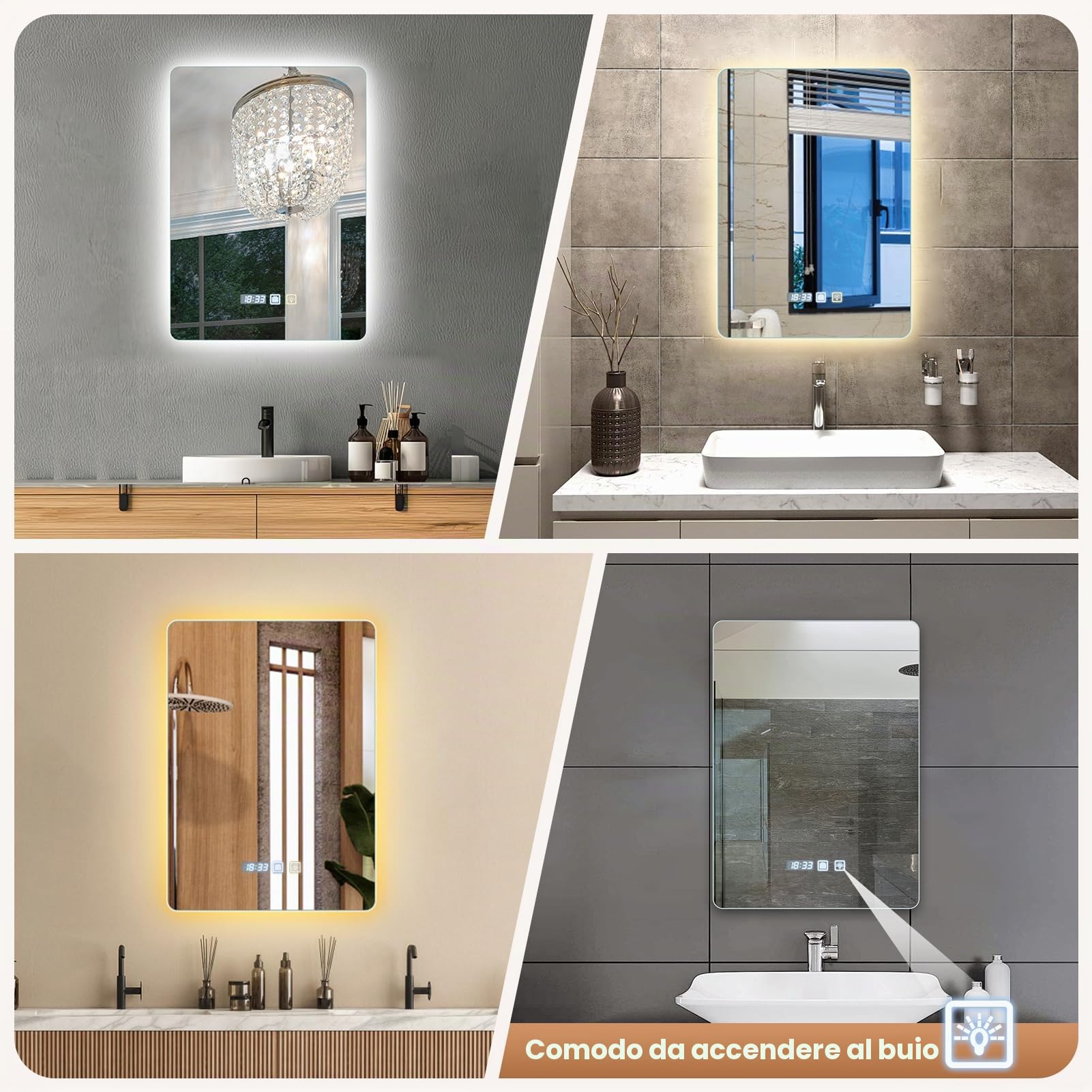 Specchio Bagno con Luce, quadrato 50×70cm e doppio interruttore touch, antiappannamento, luce dimmerabile a 3 colori, specchio demister con retroilluminazione per bagno