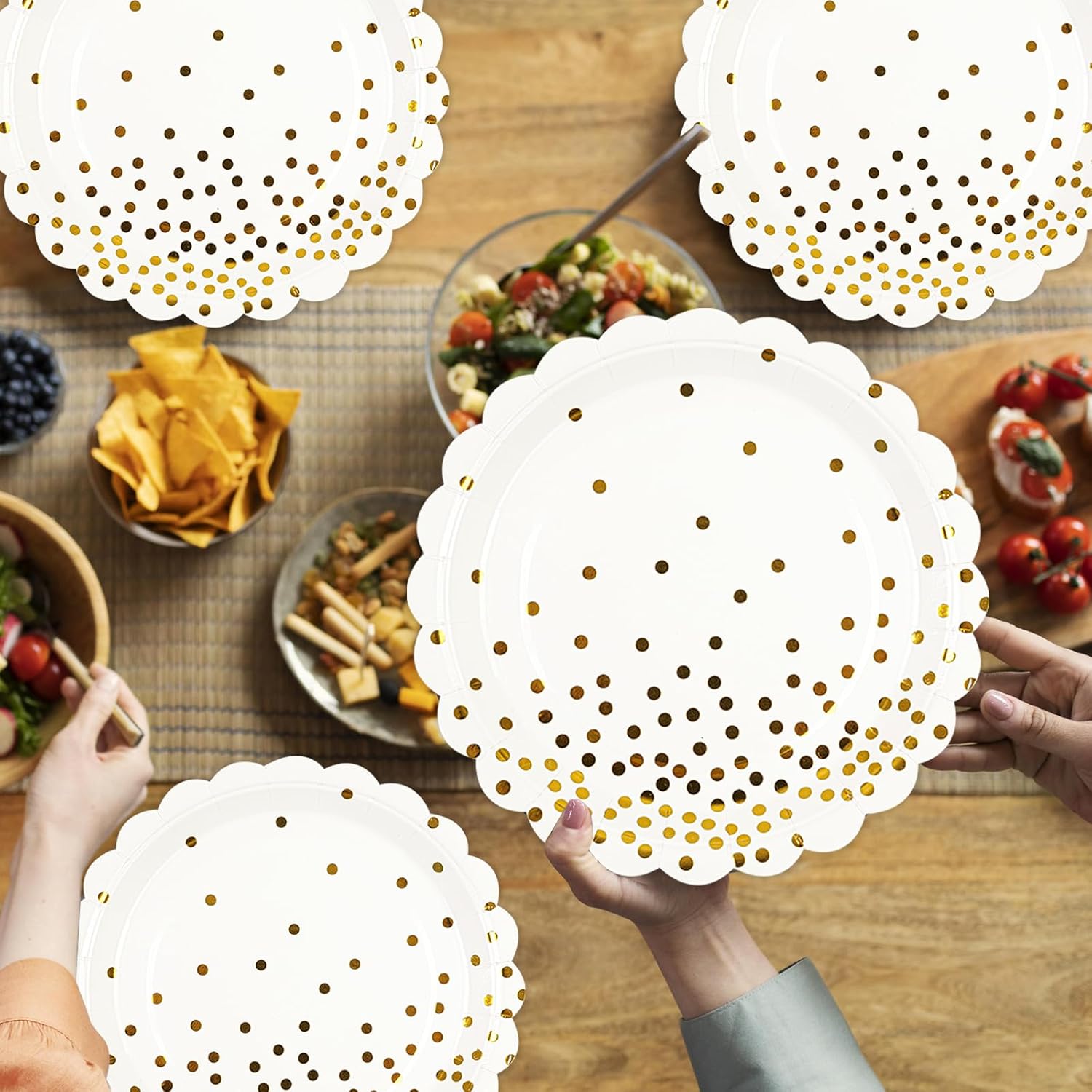 50PCS White and Gold Paper Plates, 7 Inch White Scalloped Party Plates Disposable Dessert Plate Cake Plate for Wedding Engagement Baby Shower Birthday Dinner - Image 8