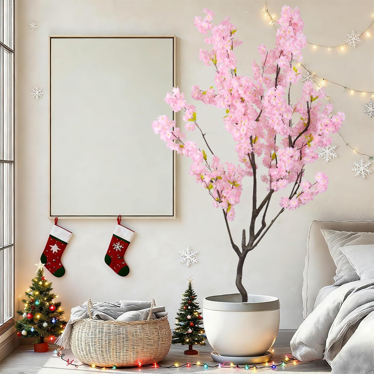 7.2ft Artificial Cherry Blossom Tree for Indoor Decor,Nearly Nature Pink Silk Flowers Fake Tree Tall,Realistic Faux Cherry Plant Tree for Christmas New Year Decor Pink 7ft 1in