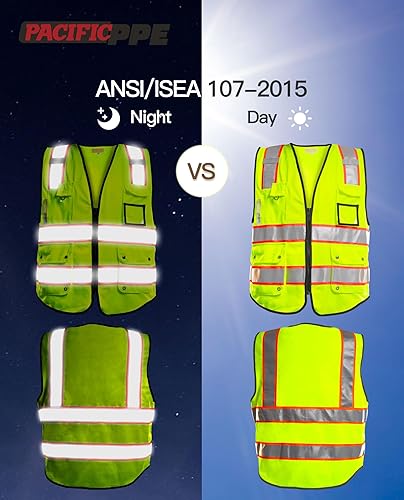 Miniatura 2 de PACIFIC PPE Chaleco de seguridad frontal con cremallera de alta visibilidad con tiras reflectantes, cumple con el estándar ANSIISEA, grande, amarillo