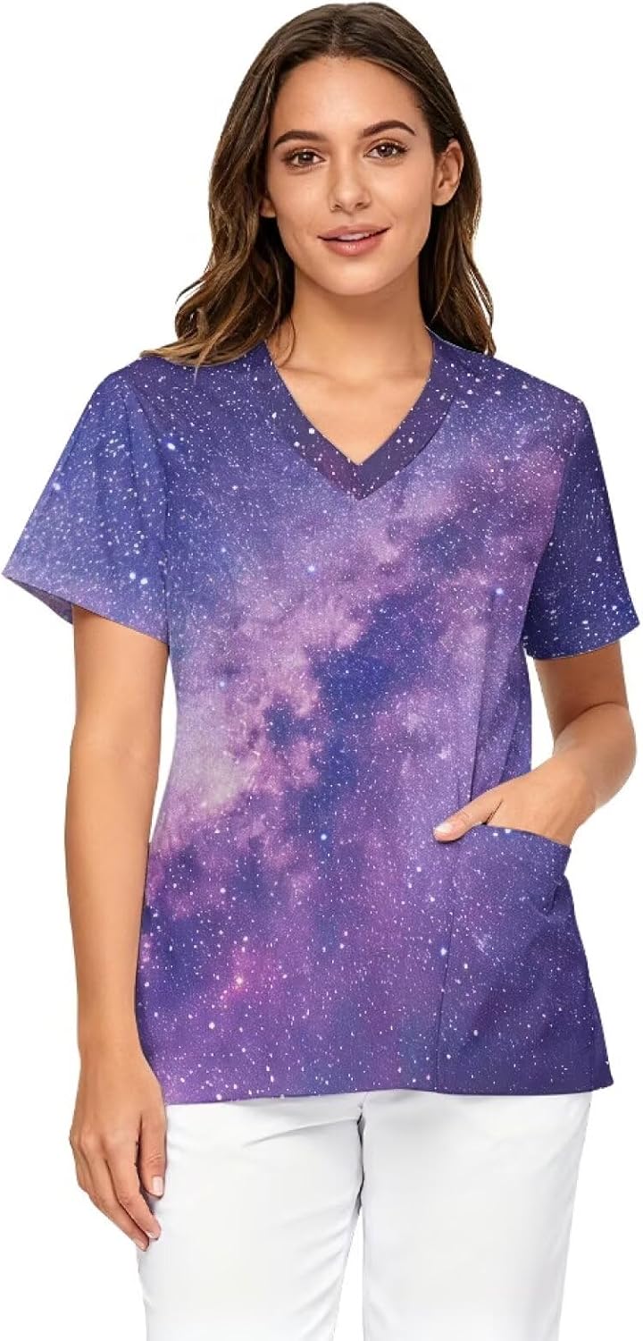 Scrub Tops Women Short Sleeve Plus Size V-Neck Fun Printed Scrubs Top Medical Nursing Uniforms with Pockets