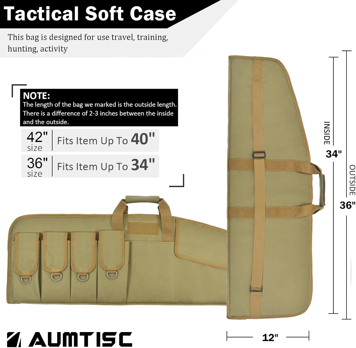 AUMTISC Tactical Rifle Gun Case, Soft Shotgun Carrying Range Bag with 6 Pouches, Fastening Straps Inside, Lockable Zippers, and Shoulder Sling, 36/42 Inch