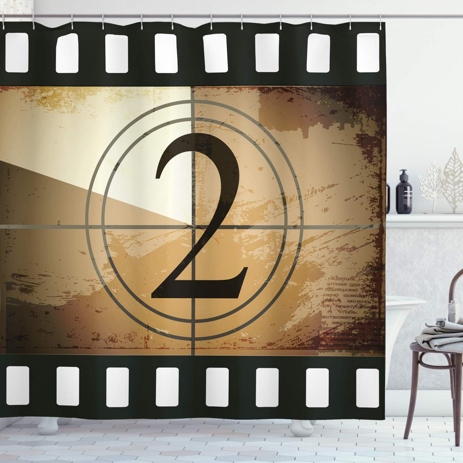Ambesonne Movie Theater Shower Curtain, Countdown Screen Illustration with Number 2 on Grunge Background, Cloth Fabric Bathroom Decor Set with Hooks, 69" W x 75" L, Pale Brown Black White