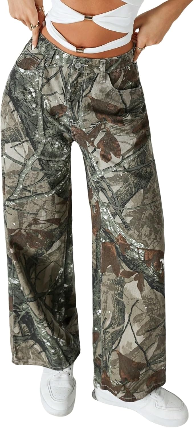 EARKOHA Women's Jeans Women's Branch Pattern Pocket Wide Leg Loose Casual Denim Pants