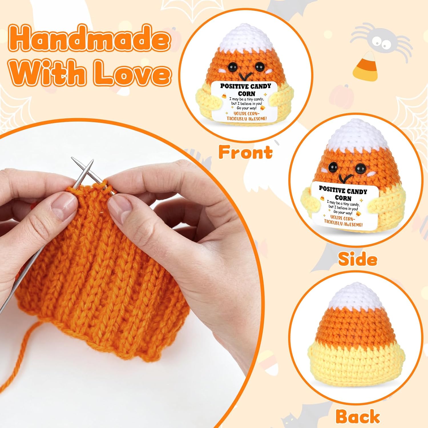 Positive Halloween Candy Corn Emotional Support Gift Inspirational Handmade Knitted Doll with Card Cute Motivational Mini Candy Corn Crocheting Present for Halloween Women Friend Family Birthday Decor
