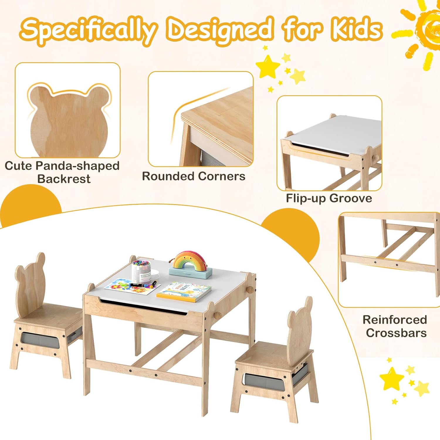 Costzon Kids Table and Chairs, 3 in 1 Wooden Activity Toddler Desk w/Reversible Whiteboard & Chalkboard, Hidden Space and Drawers for Arts, Crafts, Play, Toddler Table and Chair Set (Gray, Panda)