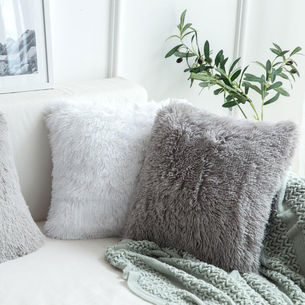 MIULEE Pack of 2 Faux Fur Throw Pillow Cover Fluffy Soft Decorative Square Pillow covers Plush Case Faux Fur Cushion Covers for Livingroom Sofa Bedroom 16"x16" Grey - Image 5