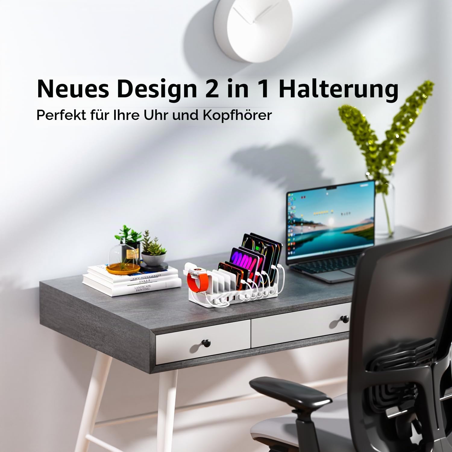 Ladestation Mehrere Geräte, USB C ladestation 100W, 10 Ports USB-Schnellladegerät Mit Uhrenhalterung und 10 Cables,ladestation Handy für iPhone/Samsung, Tablets und andere USB-Geräte