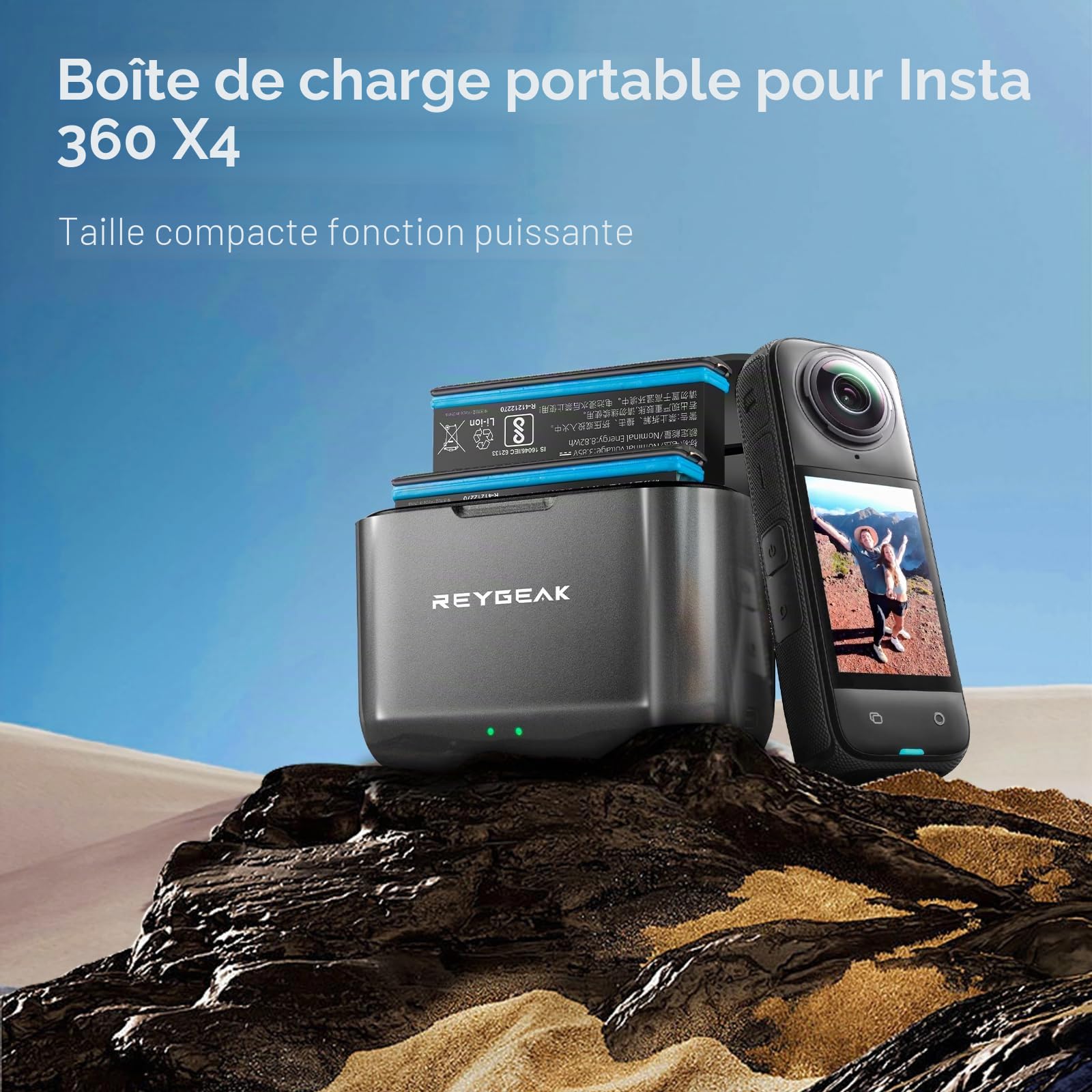 REYGEAK Batterie et chargeur pour Insta360 X4, lot de 2 batteries portables avec 2 ports de charge, batteries rechargeables 2500 mAh uniquement pour Insta360 x4