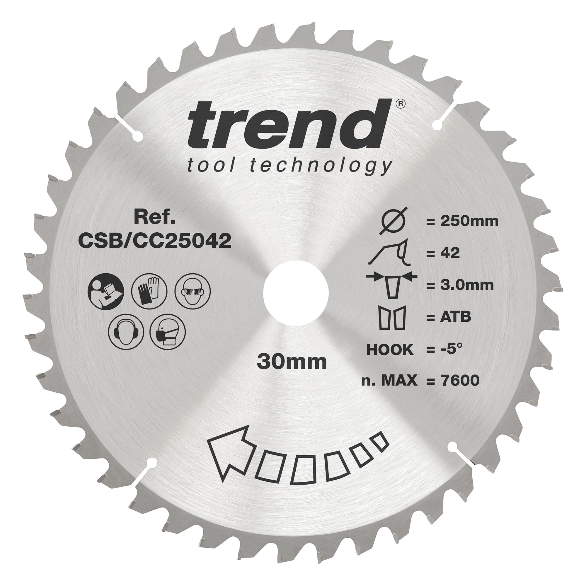 Trend 250Mm X 42 Teeth X 30Mm Bore Wood Mitre Saw Blade, 250Mm Diameter, 30Mm Bore, 42 Teeth, 3Mm Kerf, -5° Hook, Tct, Medium Finish, Csb/Cc25042