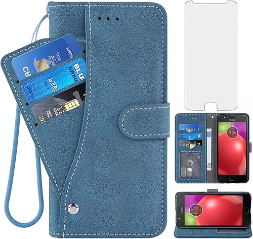 Asuwish Funda compatible con Moto E4 y protector de pantalla de vidrio templado, soporte para tarjeta de crédito, soporte para teléfono celular