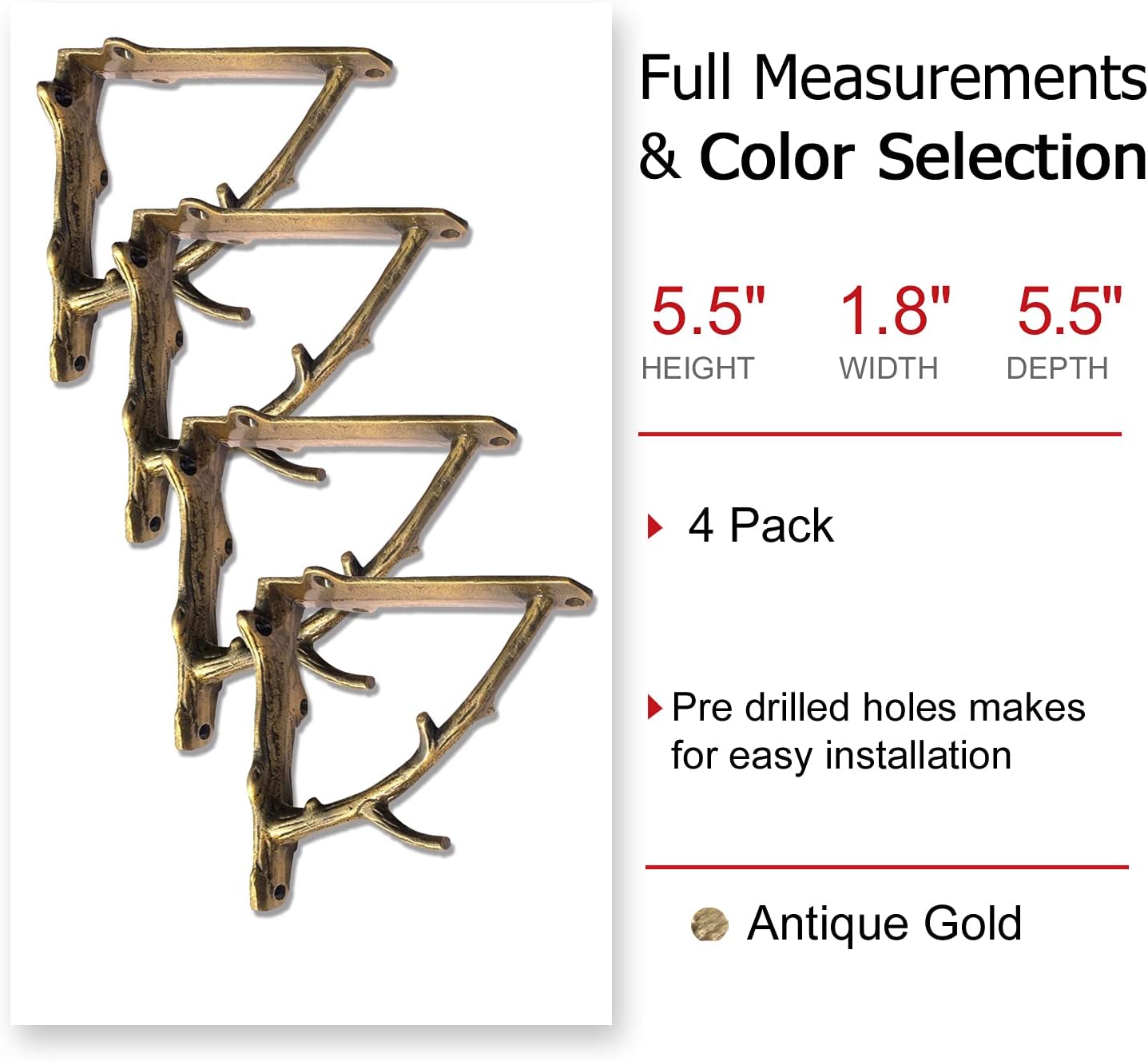 NACH Rustic Branch Gold Shelf Brackets 6 inch, Decorative Shelf Brackets for Wood Shelves, Shelving Brackets, Wall Shelf Brackets, Gold Metal Shelf Brackets, 2 Floating Shelf Brackets, JS-90-078GS